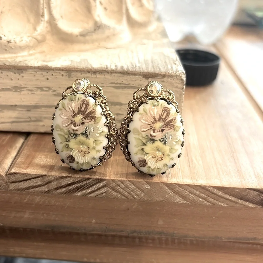 Vintage West Germany Necklace | Earrings Set. Stamped. Porcelain.  Floral Cameo